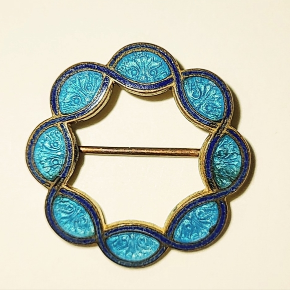ANTIQUE GUILLOCHE ENAMEL BROOCH TURQUOISE & NAVY BLUE on BRASS - Picture 9 of 9